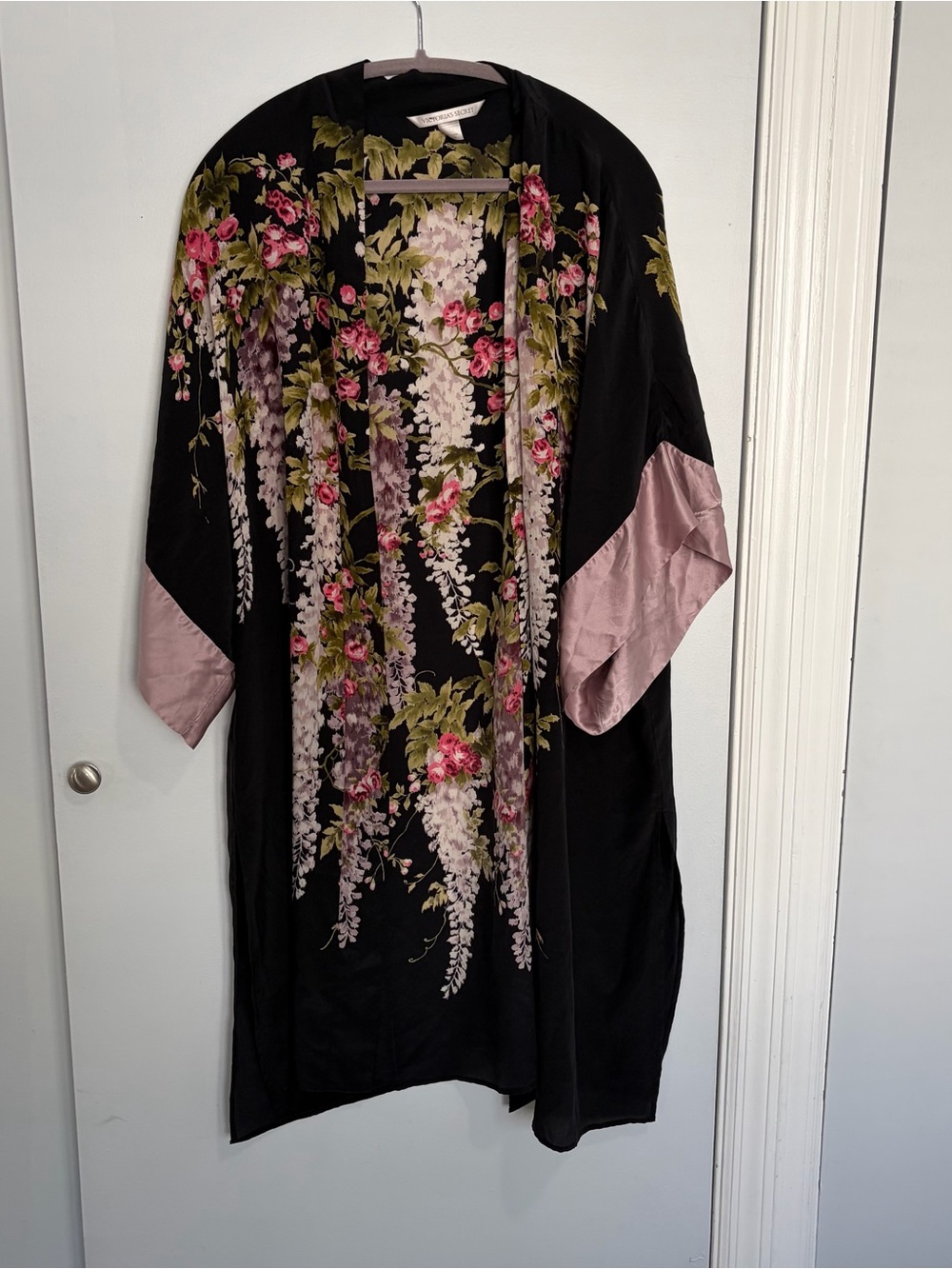 Victoria's Secret 100% Silk Floral Wisteria Kimono Robe Womens S/M  Black Boho